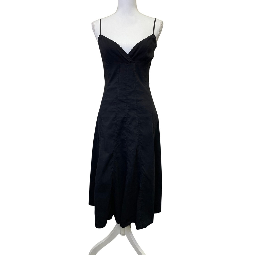 Elie Tahari Black Linen Blend Midi Dress 8 Fit & Flare Scalloped V-Neck Cocktail